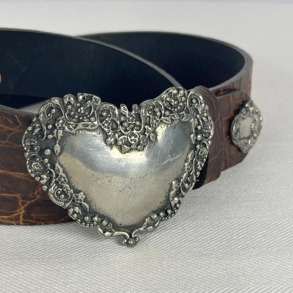 FCX‎ Collection Brown Croc Embossed Belt Pewter Vintage Heart Buckle Boho Size L